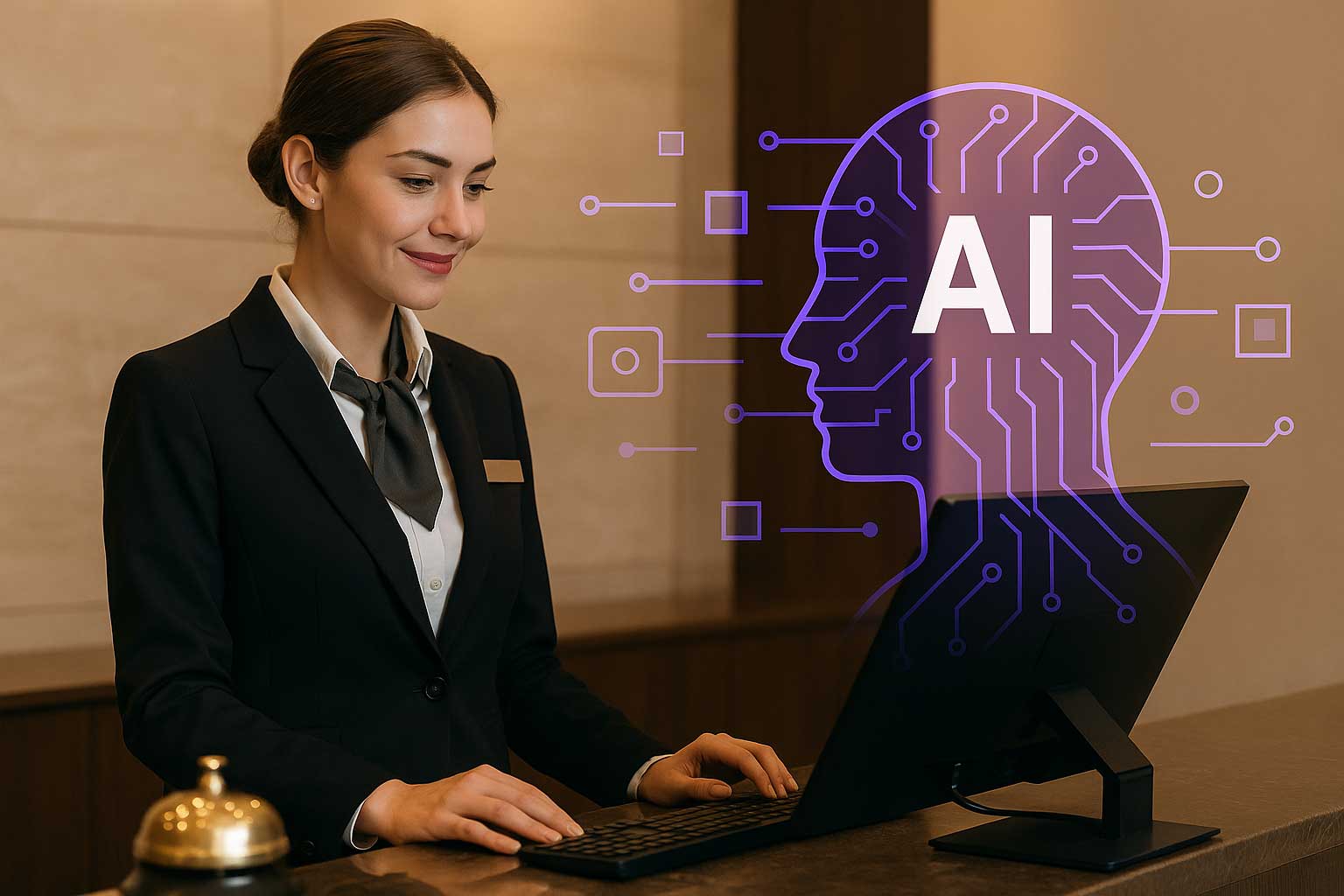 Elegant hotel lobby with a futuristic AI concierge kiosk